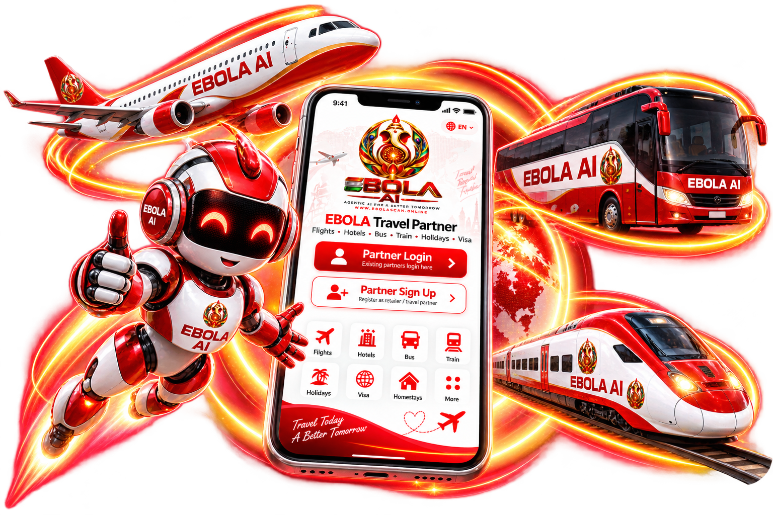 EBOLA AI Agentic Travel - Robot, Flight, Bus, Train and Travel App